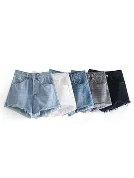 Летние новые стильные рваные широкие брюки с необработанным краем, женские прямые хлопчатобумажные джинсовые шорты с высокой талией пяти цветов по желанию