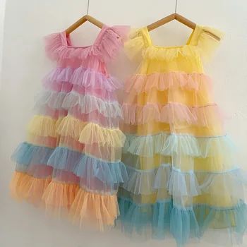 Летние платья без рукавов для маленьких девочек, детское праздничное платье принцессы с радужной сеткой для девочек, детская школьная одежда