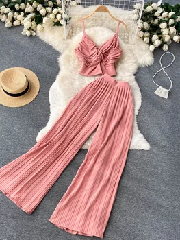 Летний женский плиссированный комплект из двух предметов, Сексуальные женские топы с перекрещивающимися ремешками + драпированные брюки с высокой талией, пляжные костюмы для отпуска, новинка