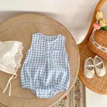 Летняя одежда для маленьких мальчиков и девочек, Боди в клетку с карманами для новорожденных, муслиновая одежда для девочек, детская bebebe 2023