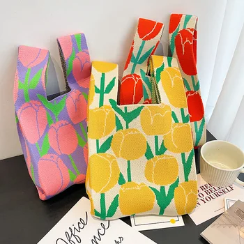 Летняя сумочка в цветочек, вязаная шерстяная персонализированная сумка большой вместимости контрастного цвета, ленивая сумка на запястье
