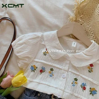 Летняя тонкая рубашка с короткими рукавами для девочек в корейском стиле 2023, новая рубашка для маленьких девочек с вышитыми цветами для кукол