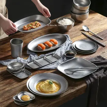 Металлическая тарелка для торта, чая и десерта в винтажном индустриальном стиле, железная чаша из нержавеющей стали, круглая посуда для барбекю на открытом воздухе