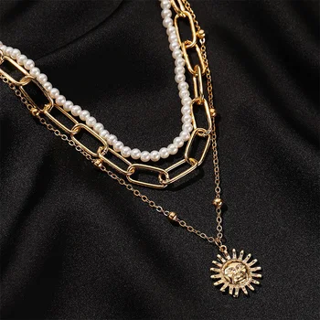 Модные Солнечные подвески, ожерелья для женщин, Женские Многослойные бусы из искусственного жемчуга, Цепочка, ожерелье, Ювелирные Ошейники