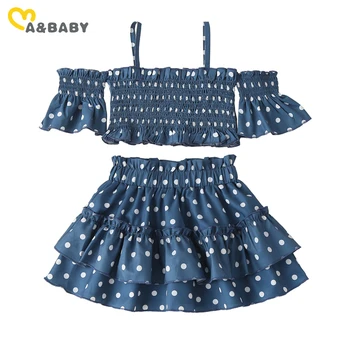 Модный комплект одежды для девочек Ma & Baby 2-7 лет, Укороченные топы с открытыми плечами, юбки с оборками и принтом в горошек, Модные наряды DD43