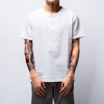 Мужская льняная хлопковая футболка в японском стиле Harajuku С коротким рукавом, Приталенная, Однотонная Летняя Мужская Повседневная Дышащая футболка с V-образным вырезом ops