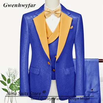 Мужские костюмы G & N 2023 Royal Blue Jacqaurd с Золотым лацканом Хорошего качества Включают блейзер на одной пуговице, жилет с двойной застежкой и брюки