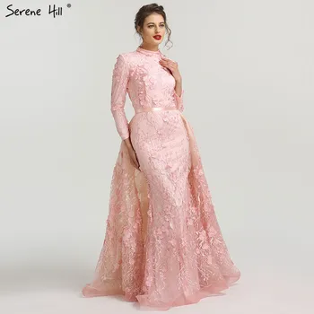 Мусульманские Романтические Розовые вечерние платья с длинными рукавами 2023, вечерние платья с цветами ручной работы с высоким воротом, Serene Hill LA6308