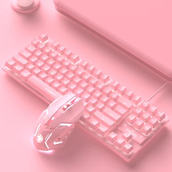 Набор клавиатуры и мыши 2 в 1 Розовый 87 клавиш Проводная клавиатура с белой подсветкой 1600 точек на дюйм проводная RGB мышь для портативных ПК