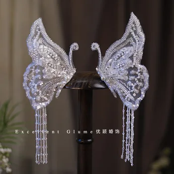 Невеста изысканное эльфийское кружево блестки бабочка вышитая бисером заколка для волос платье головной убор фото с аксессуарами для макияжа милое и романтичное