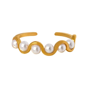 Нежный шарм Искусственный жемчуг Открывающие кольца из нержавеющей стали для женщин Водонепроницаемое Металлическое кольцо с покрытием из 18-каратного золота Модный подарок