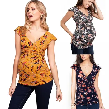 Новая блузка, рубашки для беременных, одежда для беременных, топы с V-образным вырезом и коротким рукавом в полоску с принтом