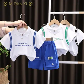 Новая детская летняя одежда для малышей, футболка с короткими рукавами и буквами из мультфильмов Для мальчиков, Штаны, Модный комплект одежды для младенцев, спортивный костюм