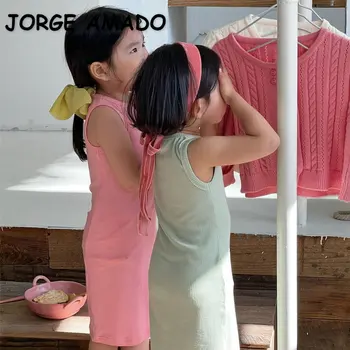 Новое летнее детское платье для девочек, Бежевый Зеленый Розовый Жилет без рукавов с круглым воротником, Вязаное Эластичное платье Принцессы, Детская одежда E23025