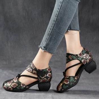 Новые босоножки 5 см с принтом, аутентичная элегантность, модные летние роскошные дизайнерские женские туфли на массивном каблуке из натуральной кожи с круглым носком в этническом стиле