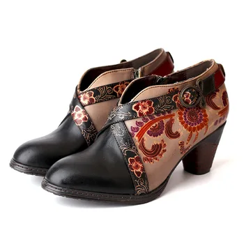 Новые ретро-полые туфли на толстом каблуке с острым носком, женские босоножки с вышивкой в этническом стиле из кожи с цветочным узором с мелким вырезом