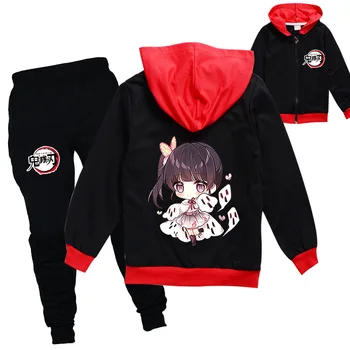 Новый стиль, толстовка с капюшоном, спортивный костюм Demon Slayer для маленьких девочек, одежда для мальчиков-подростков, куртка с капюшоном на молнии + спортивные штаны, комплект из 2 предметов