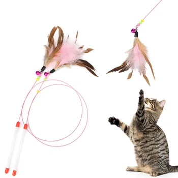 Палочка для кошек из перьев, стальная проволока, Дразнилка для кошек с колокольчиком, Забавная палочка из перьев, игрушка для домашних животных