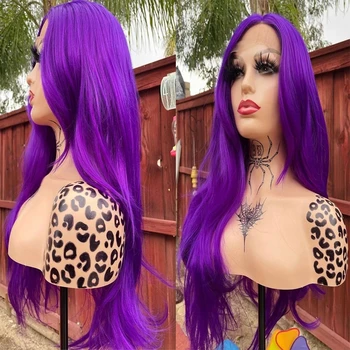 Парик из синтетических волос фиолетового цвета, объемная волна, Бесклеевой парик из синтетических волос 13x4, парик из термостойких волокон, Натуральная линия роста волос