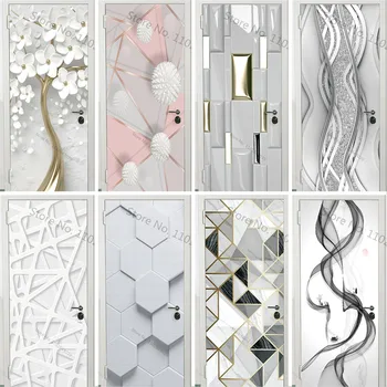 ПВХ Цветы Геометрическая Наклейка на дверь Современные 3D Абстрактные Серебряные Линии Обои Белые Двери Плакат Самоклеящиеся Наклейки на стену Декор
