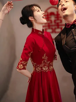 Платье для тостов Чонсам, красное вино, Короткое вечернее платье для помолвки, китайская традиционная свадьба, Коктейльные платья Ципао