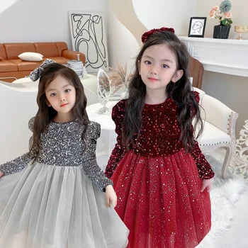 Платья принцессы с пайетками для девочек, детское рождественское платье с блестками, свадебное платье из тюля, детская праздничная вечерняя одежда