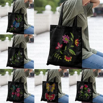 Различные красивые цветы, темные сумки, сделанные для женщин, сумки для покупок в супермаркете, сумки для вторичной переработки, модные тканевые сумки