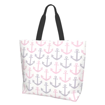 Розово-фиолетовые морские якоря, холщовая сумка в скандинавском стиле для женщин, кухонные сумки для выходных, продуктовые сумки оптом, большие повседневные