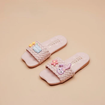 Сандалии для девочек с милым кроликом из мультфильма 2023, Летние тапочки для девочек, домашние и уличные сандалии, Розово-бежевая обувь для малышей