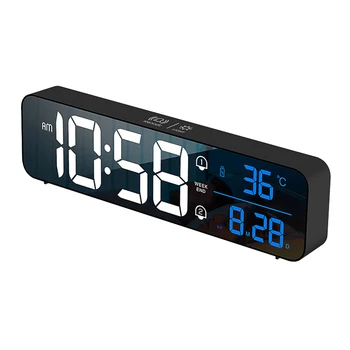 Светодиодный Цифровой будильник С индикацией температуры и даты, Настольные Зеркальные часы, Украшение домашнего стола, Настольные часы-Черный