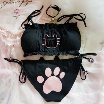 Сексуальное женское белье Sweet Lolita Cat Paw, удобный комплект с открытым бюстгальтером и трусиками для милой японской девушки, Бандажные полые бюстгальтеры и трусики 2023 г.