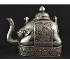 Старые тибетские предметы коллекционирования, украшенные ручной работой, серебряная резьба Мяо, слон, украшение для чайника Lucky Big, бронза, заводские розетки