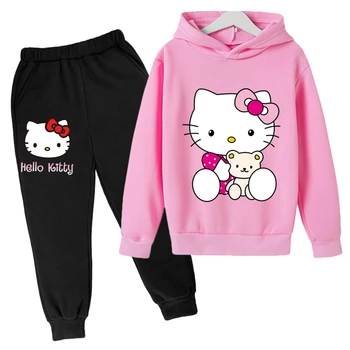 Толстовки Hello Kitty, Весенние комплекты одежды для мальчиков, модная толстовка + длинные брюки, костюм из 2 предметов, детская одежда, уличная одежда для мальчиков