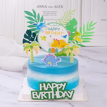 Топпер для торта с днем рождения, мультяшный динозавр, тема зеленых джунглей, украшение для детского душа, украшения для торта, сувениры для вечеринки для мальчиков