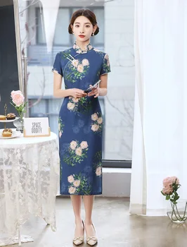 Традиционное Элегантное Тонкое женское платье Ципао с винтажным цветочным принтом Cheongsam с коротким рукавом для молодой девушки в китайском стиле