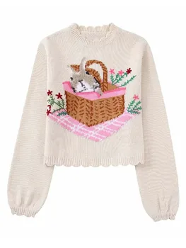 Укороченные свитера Для женщин, Жаккардовый вязаный свитер с кроликом, Женский свитер, Зима 2023, Пуловеры с длинным рукавом и круглым вырезом, Топы,