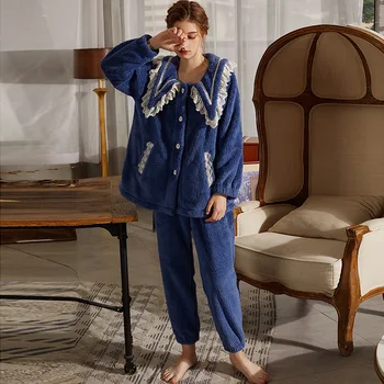 Фланелевая Пижама Женская Зимняя Домашняя одежда из кораллового флиса, Пижамный комплект Lady Navy blue