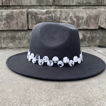 Шерстяная женская мужская черная фетровая шляпа акриловые драгоценные камни с широкими полями, джазовая церковная кепка, панама, солнцезащитный цилиндр