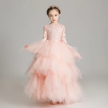 Элегантное свадебное платье для девочки из розового тюля с бусинами, длинное кружевное платье принцессы для выпускного вечера, детская одежда для Первого причастия